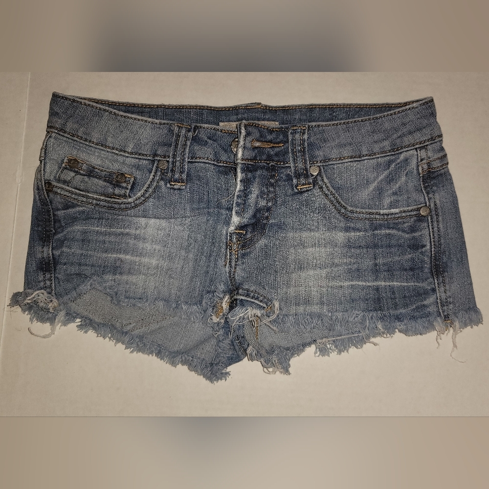 Refuge Denim jean shorts cutoff fringe with stretch